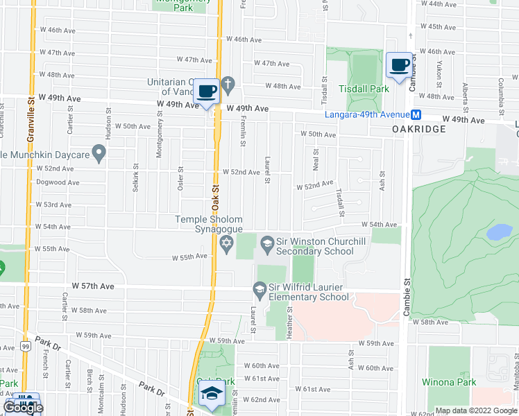 map of restaurants, bars, coffee shops, grocery stores, and more near 6921 Laurel Street in Vancouver