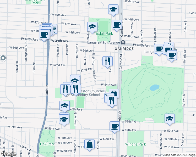 map of restaurants, bars, coffee shops, grocery stores, and more near 676 West 53rd Avenue in Vancouver