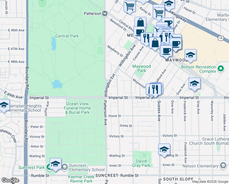 map of restaurants, bars, coffee shops, grocery stores, and more near 6759 Willingdon Avenue in Burnaby
