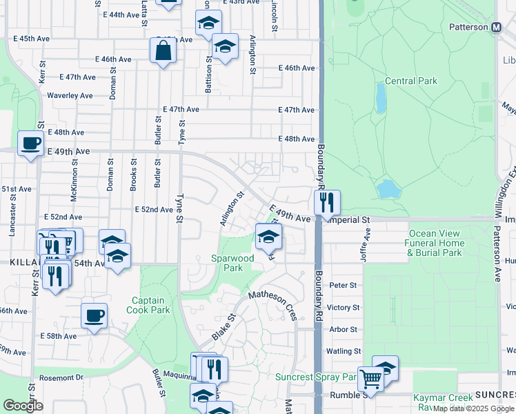 map of restaurants, bars, coffee shops, grocery stores, and more near 3558 East 49th Avenue in Vancouver