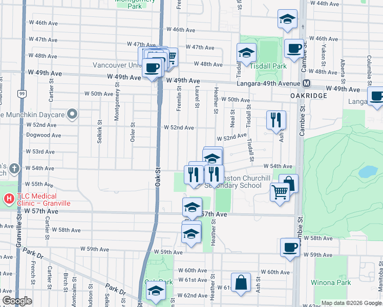 map of restaurants, bars, coffee shops, grocery stores, and more near 6921 Laurel Street in Vancouver