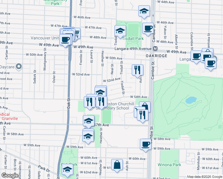 map of restaurants, bars, coffee shops, grocery stores, and more near 769 West 53rd Avenue in Vancouver