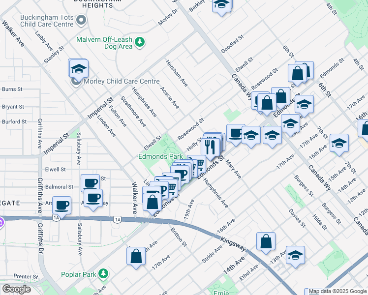 map of restaurants, bars, coffee shops, grocery stores, and more near 7459 Holly Street in Burnaby