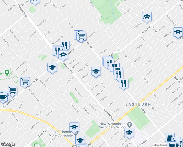 map of restaurants, bars, coffee shops, grocery stores, and more near 7533 7th Street in Burnaby