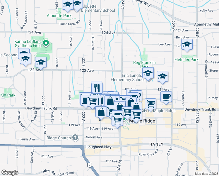 map of restaurants, bars, coffee shops, grocery stores, and more near 12107 Garden Street in Maple Ridge