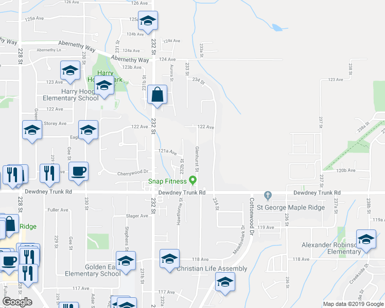 map of restaurants, bars, coffee shops, grocery stores, and more near 12123 Glenhurst Street in Maple Ridge