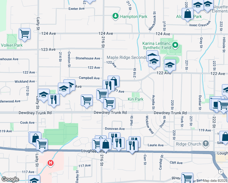 map of restaurants, bars, coffee shops, grocery stores, and more near 21652 121 Avenue in Maple Ridge