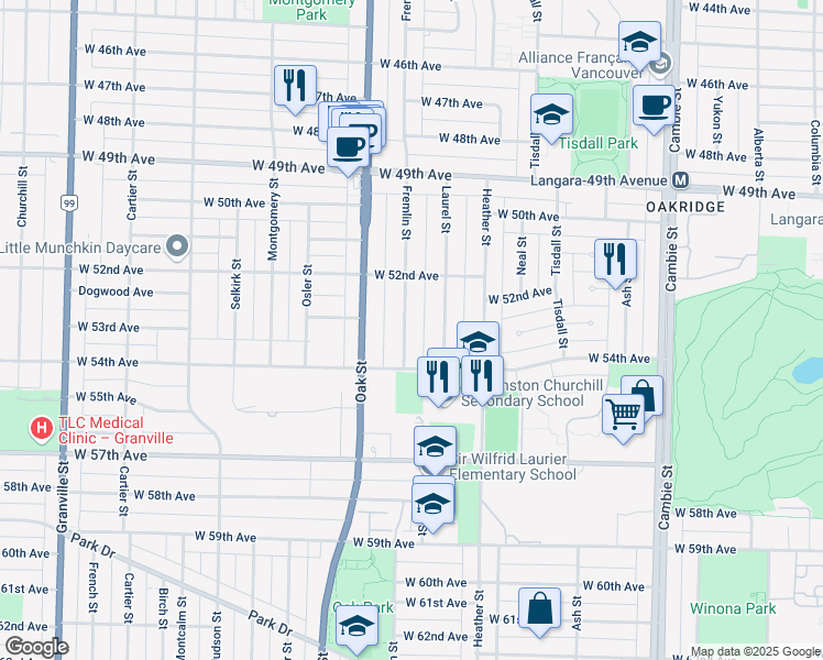 map of restaurants, bars, coffee shops, grocery stores, and more near 6928 Fremlin Street in Vancouver