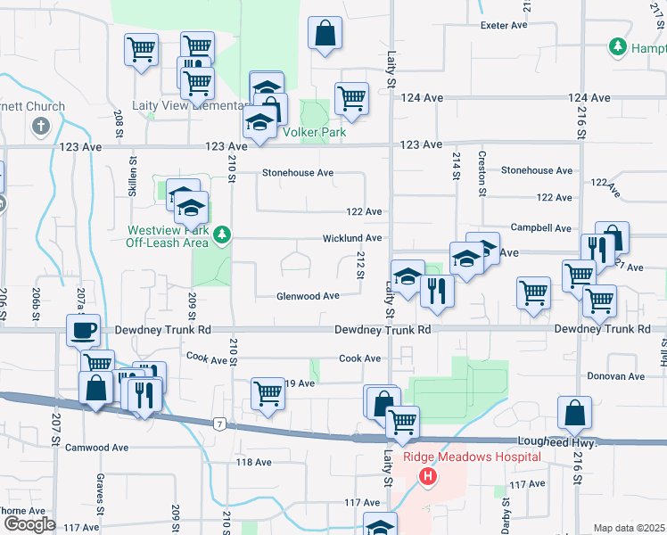 map of restaurants, bars, coffee shops, grocery stores, and more near 12147 Faber Crescent in Maple Ridge
