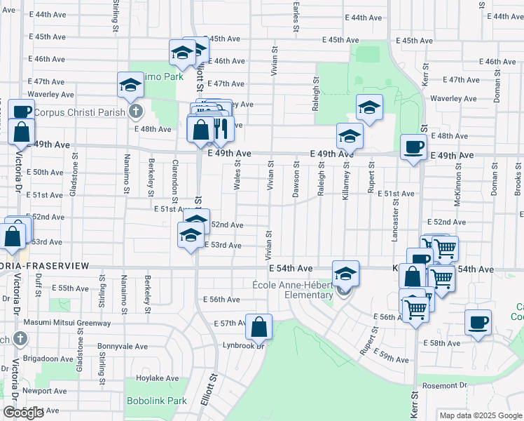 map of restaurants, bars, coffee shops, grocery stores, and more near 6733 Vivian Street in Vancouver