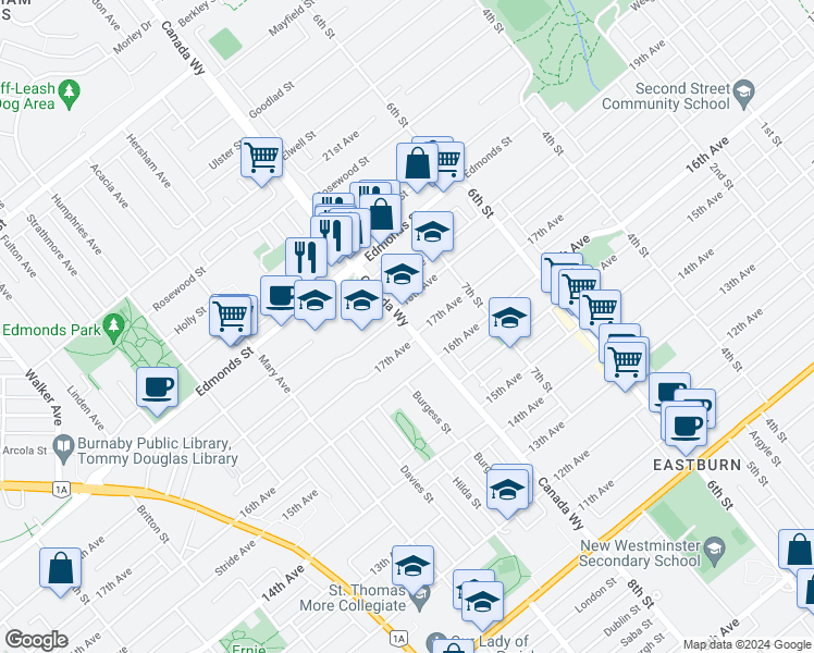 map of restaurants, bars, coffee shops, grocery stores, and more near 7429 Canada Way in Burnaby