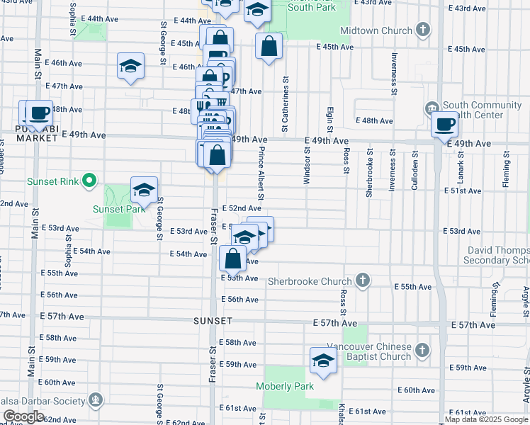 map of restaurants, bars, coffee shops, grocery stores, and more near 816 East 52nd Avenue in Vancouver