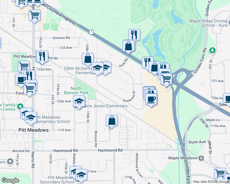 map of restaurants, bars, coffee shops, grocery stores, and more near 19596 Somerset Drive in Pitt Meadows