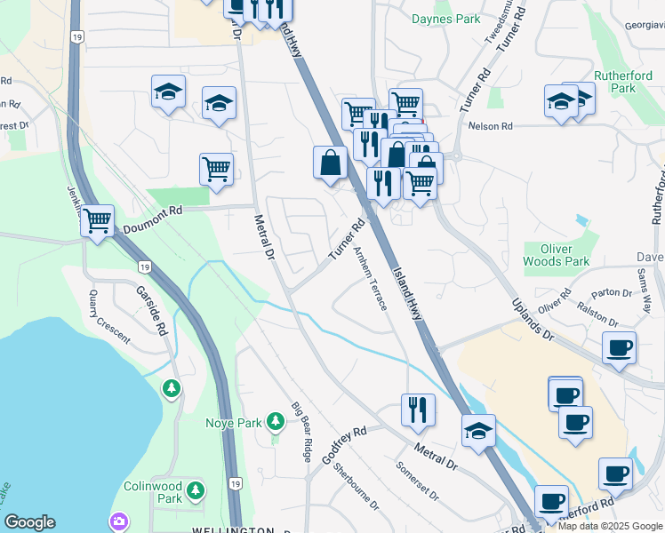 map of restaurants, bars, coffee shops, grocery stores, and more near 5845 Turner Road in Nanaimo