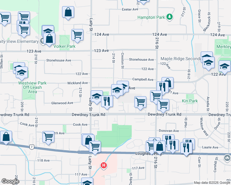 map of restaurants, bars, coffee shops, grocery stores, and more near 12106 214 Street in Maple Ridge