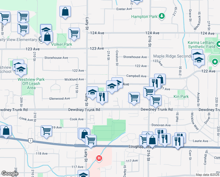 map of restaurants, bars, coffee shops, grocery stores, and more near 12106 214 Street in Maple Ridge