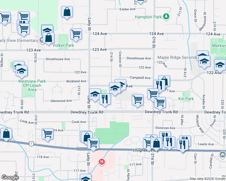 map of restaurants, bars, coffee shops, grocery stores, and more near 12106 214 Street in Maple Ridge
