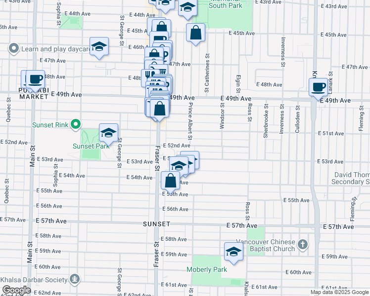map of restaurants, bars, coffee shops, grocery stores, and more near 778 East 52nd Avenue in Vancouver