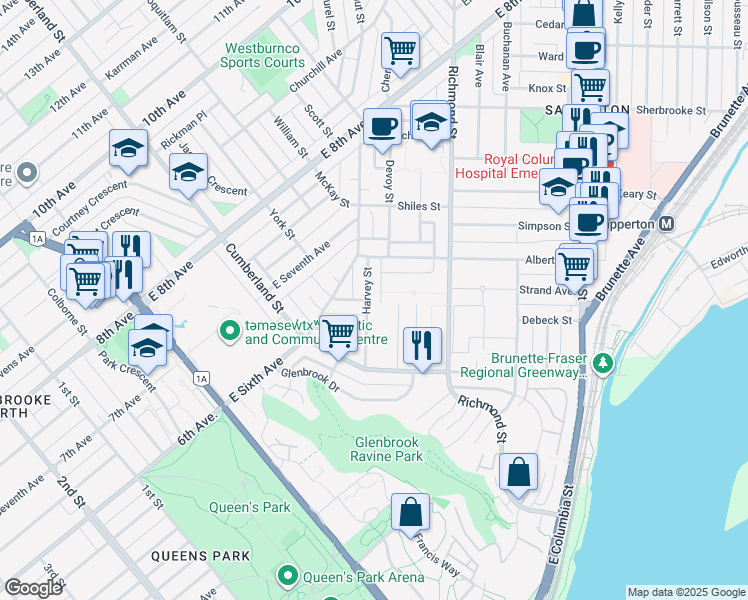 map of restaurants, bars, coffee shops, grocery stores, and more near 140 Harvey Street in New Westminster