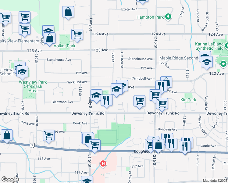 map of restaurants, bars, coffee shops, grocery stores, and more near 12106 214 Street in Maple Ridge