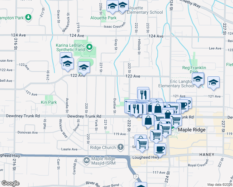 map of restaurants, bars, coffee shops, grocery stores, and more near 12106 Dunbar Street in Maple Ridge