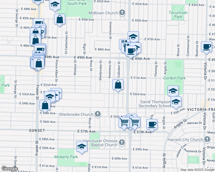 map of restaurants, bars, coffee shops, grocery stores, and more near 6813 Inverness Street in Vancouver