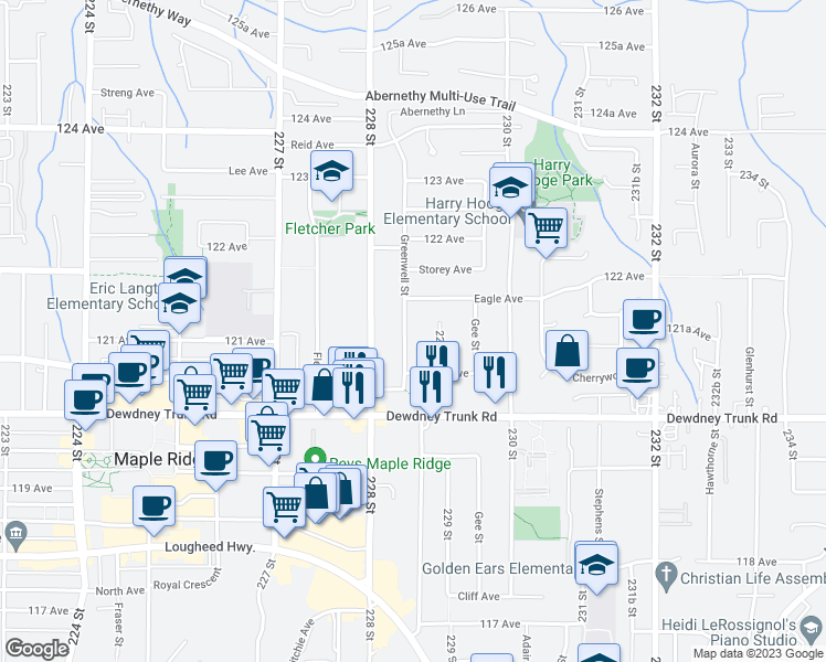map of restaurants, bars, coffee shops, grocery stores, and more near 12140 Greenwell Street in Maple Ridge