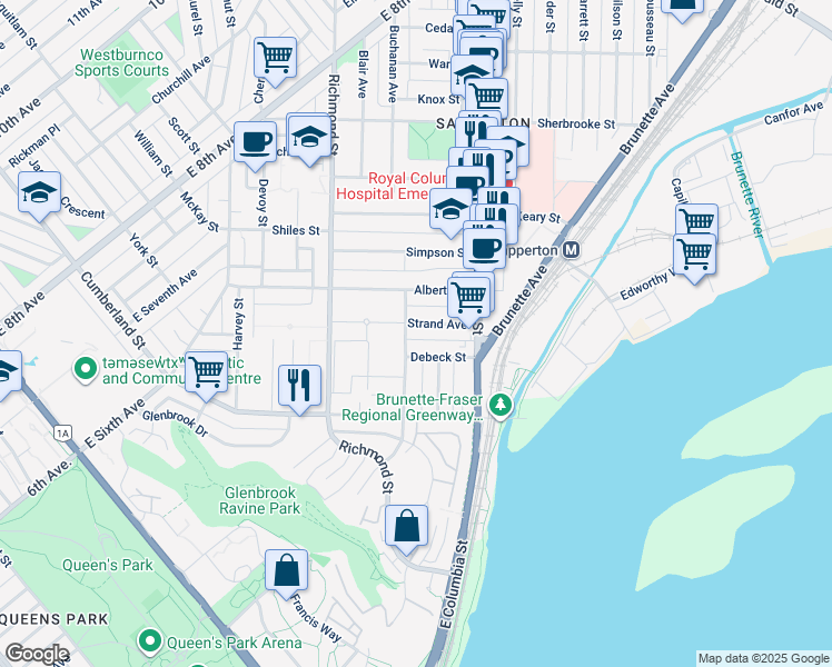 map of restaurants, bars, coffee shops, grocery stores, and more near 334 Strand Avenue in New Westminster