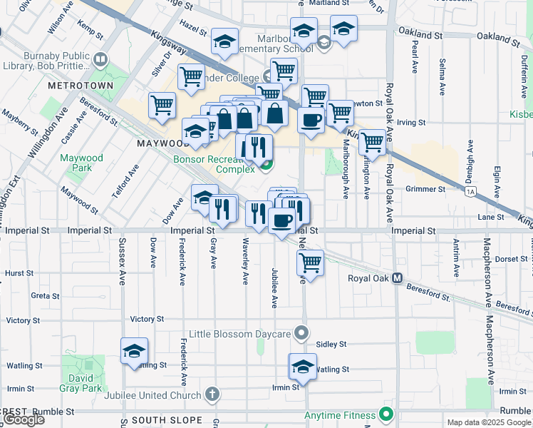 map of restaurants, bars, coffee shops, grocery stores, and more near 42 Central Boulevard in Burnaby