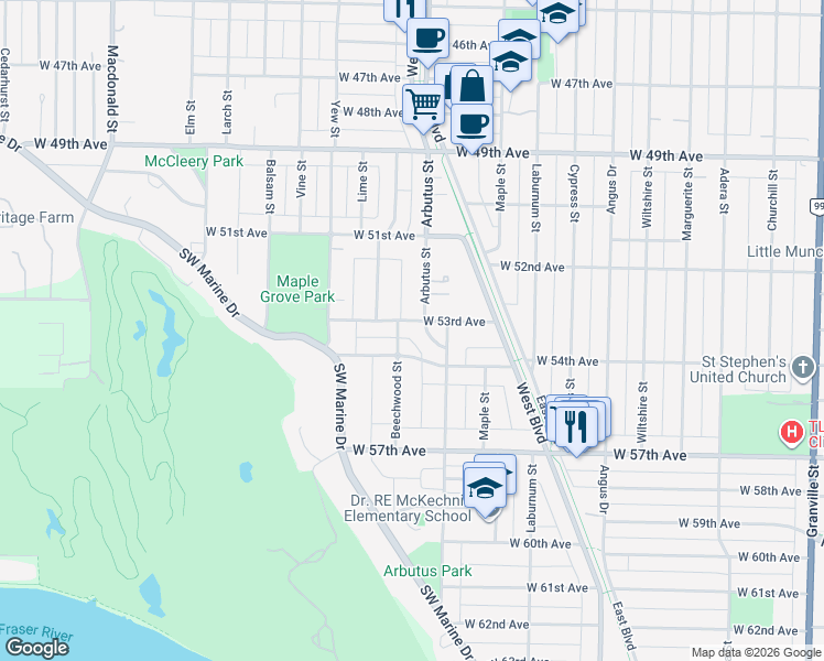map of restaurants, bars, coffee shops, grocery stores, and more near in Vancouver