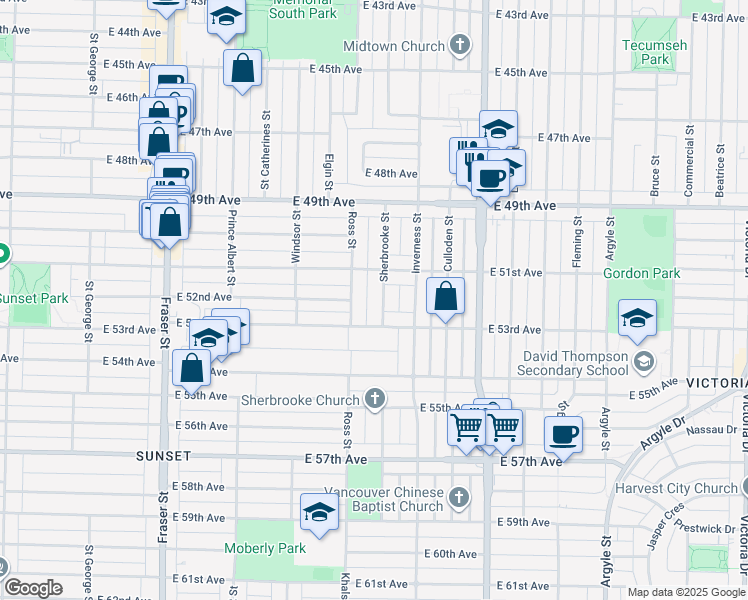 map of restaurants, bars, coffee shops, grocery stores, and more near 6805 Sherbrooke Street in Vancouver