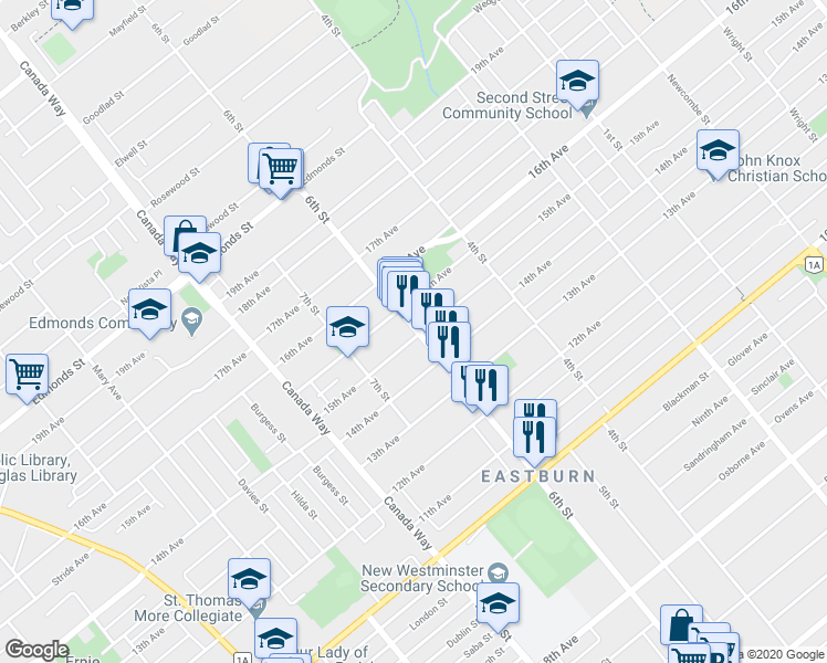 map of restaurants, bars, coffee shops, grocery stores, and more near 7595 6th St in Burnaby