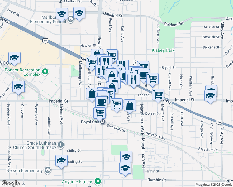map of restaurants, bars, coffee shops, grocery stores, and more near 5355 Lane Street in Burnaby