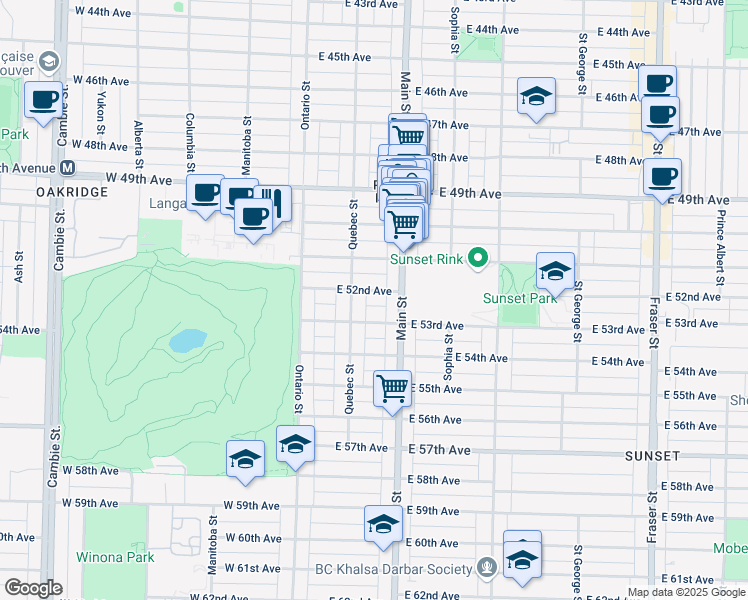 map of restaurants, bars, coffee shops, grocery stores, and more near 138 East 52nd Avenue in Vancouver