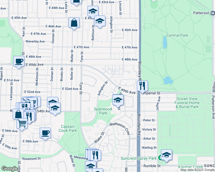 map of restaurants, bars, coffee shops, grocery stores, and more near 6666 Arlington Street in Vancouver