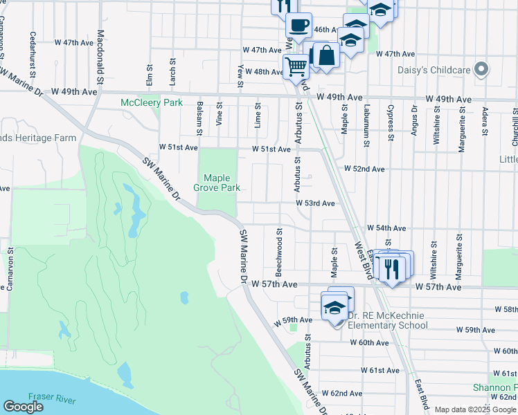 map of restaurants, bars, coffee shops, grocery stores, and more near 2184 West 53rd Avenue in Vancouver
