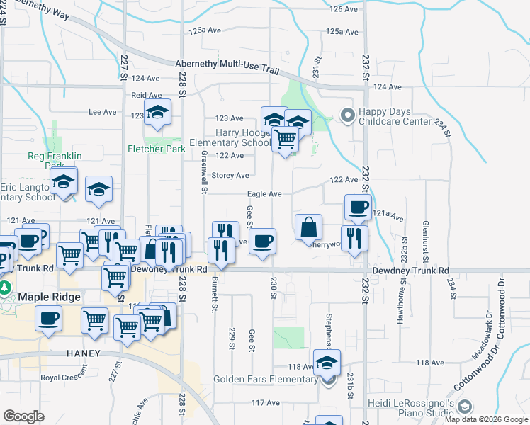 map of restaurants, bars, coffee shops, grocery stores, and more near 12141 230 Street in Maple Ridge