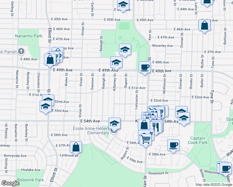 map of restaurants, bars, coffee shops, grocery stores, and more near 6758 Killarney Street in Vancouver