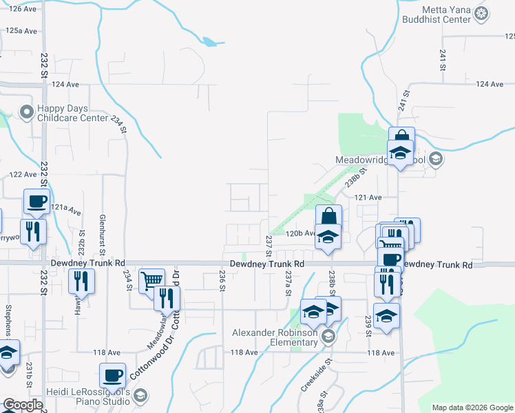 map of restaurants, bars, coffee shops, grocery stores, and more near 12161 237 Street in Maple Ridge