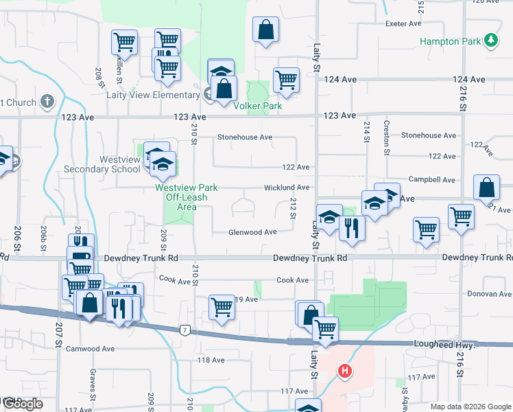 map of restaurants, bars, coffee shops, grocery stores, and more near 21134 Wicklund Avenue in Maple Ridge