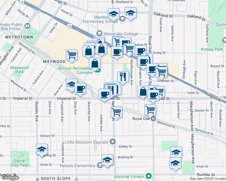 map of restaurants, bars, coffee shops, grocery stores, and more near 6687 Nelson Avenue in Burnaby