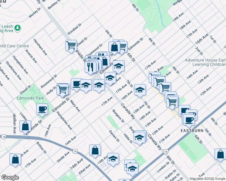 map of restaurants, bars, coffee shops, grocery stores, and more near 7430 Canada Way in Burnaby