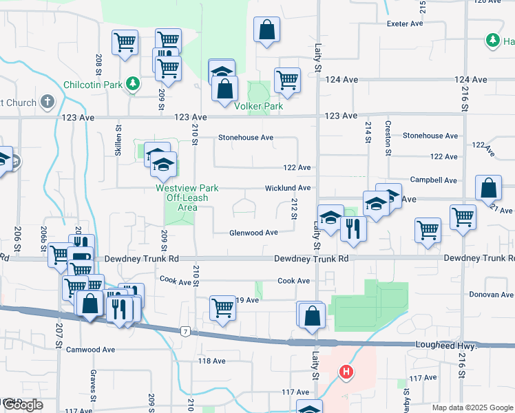 map of restaurants, bars, coffee shops, grocery stores, and more near 12122 Schmidt Crescent in Maple Ridge