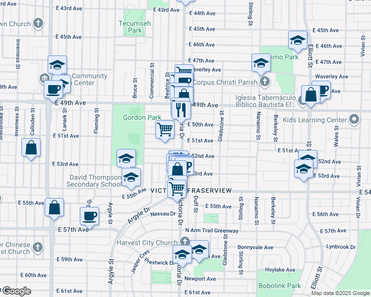 map of restaurants, bars, coffee shops, grocery stores, and more near 6758 Victoria Drive in Vancouver