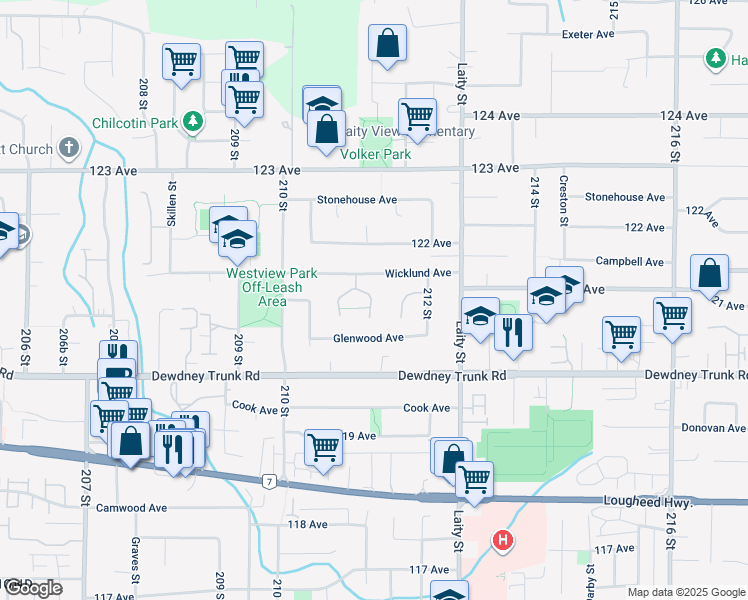 map of restaurants, bars, coffee shops, grocery stores, and more near 12123 Schmidt Crescent in Maple Ridge