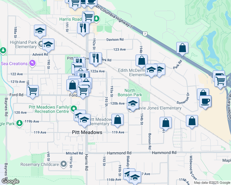 map of restaurants, bars, coffee shops, grocery stores, and more near 19339 121 Avenue in Pitt Meadows