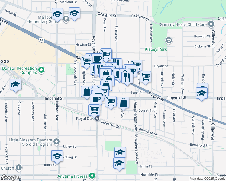 map of restaurants, bars, coffee shops, grocery stores, and more near 5355 Lane Street in Burnaby