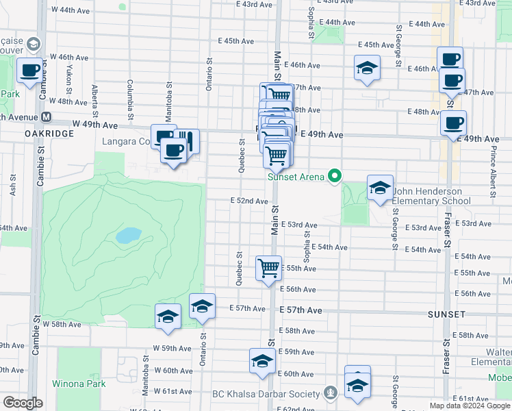 map of restaurants, bars, coffee shops, grocery stores, and more near 138 East 52nd Avenue in Vancouver