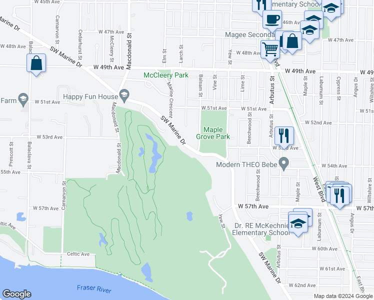 map of restaurants, bars, coffee shops, grocery stores, and more near 2418 Southwest Marine Drive in Vancouver
