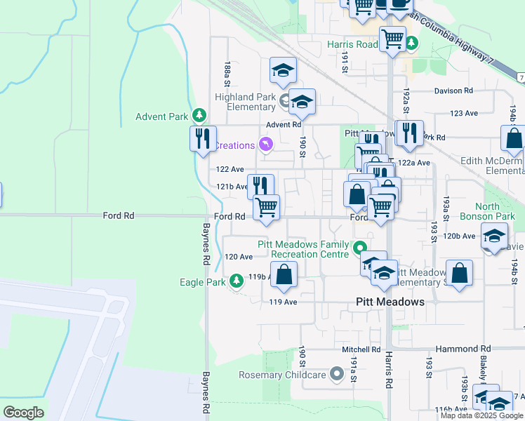 map of restaurants, bars, coffee shops, grocery stores, and more near 12120 189A Street in Pitt Meadows